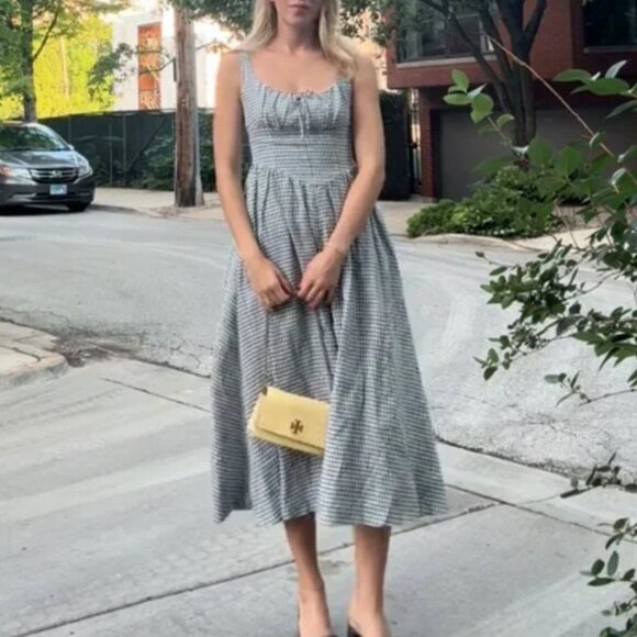 BEST Reformation Balia Linen Midi Dress Sz2 Slate Check Linen Blue White Party - Picture 3 of 13